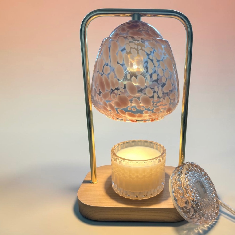 Pretty Revival Marlow Glen Candle Warmer Lamp Pink Glass Wood Base Timer Candle
